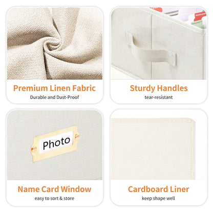 Aokeyee 2PC Photo Storage Box - Decorative Linen Memory Organizer for 4x6 Pictures, Keepsake Box with Dividers & Labels, Holds 3400+ Photos