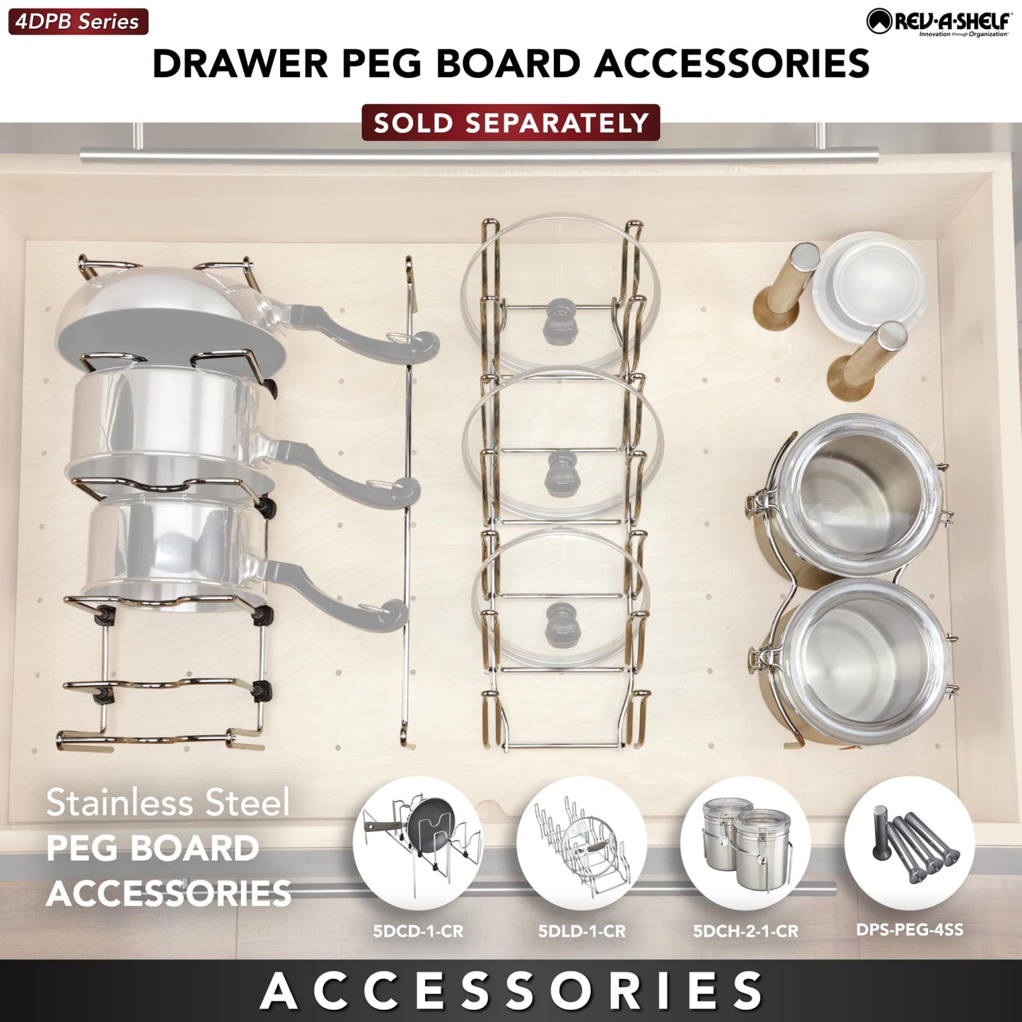 Rev-A-Shelf Trimmable Pegboard Drawer Divider Organizer, Trim to Custom Fit Wooden Kitchen Cabinet Storage Utensil, Pots & Dish Rack, 30" x 21", 4DPS-3021