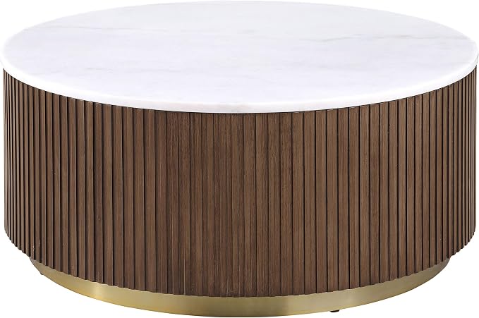 Coaster Home Furnishings - Jason - Wood and Metal - 3-Piece Coffee Table Set with Marble Tops, Reeded Drum Bases, and Gold Ring Accents - Living Room - Honey Brown and White Marble - 712418-S3