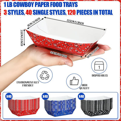 Gejoy 120 Pcs Western Party Plates 1 lb Cowboy Plates Bulk Bandana Paper Food Trays for Rodeo Cholo Party 250th Anniversary Decorations(Red Blue Black)