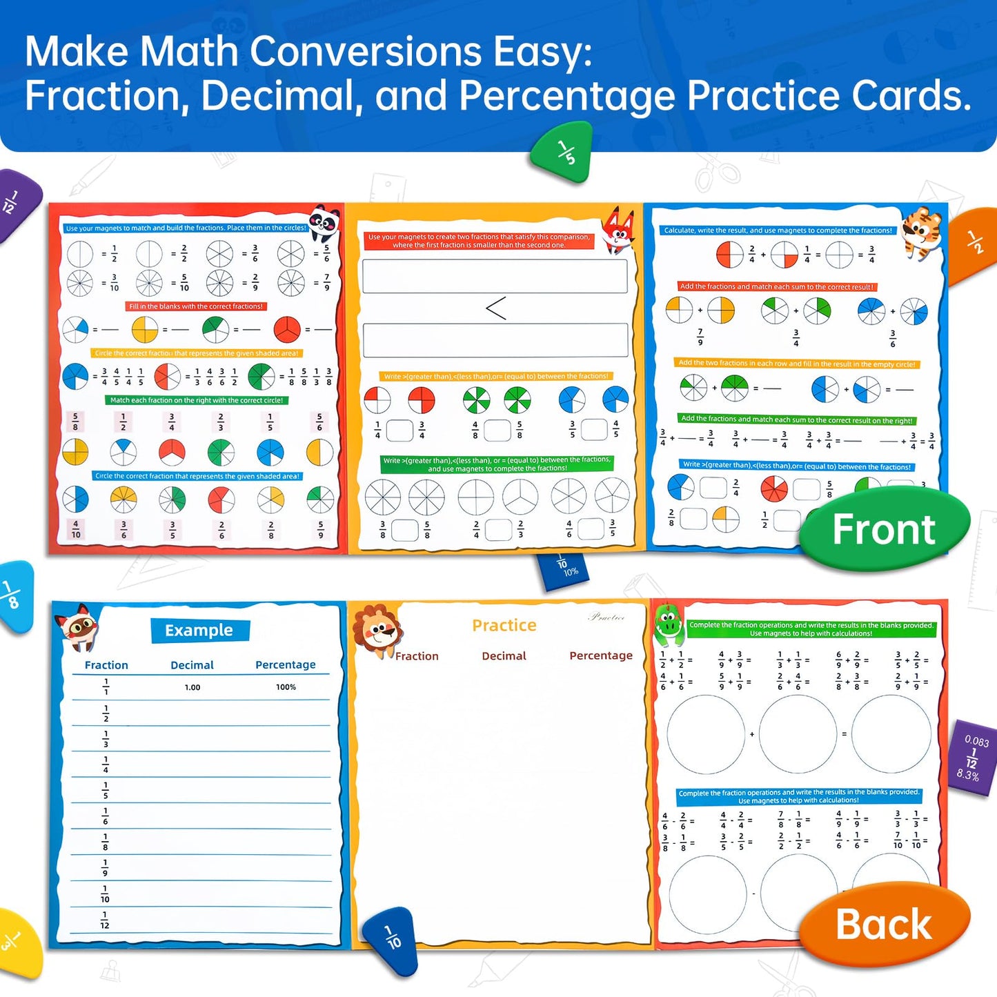 Magnetic Fraction Tiles & Circles Montessori Set for Elementary Kids - Hands-On Math Manipulatives with Activity Book - Learn Fractions, Decimals, Percentages