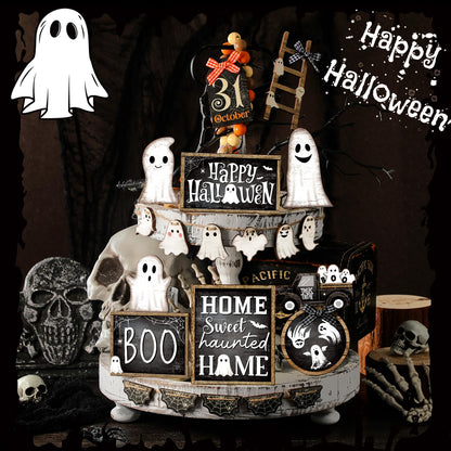 MiniInflat 1 Sets Halloween Tiered Tray Decor Set Happy Halloween Wooden Signs Rustic Table Centerpieces Farmhouse Decor for Home Table, Tray Not Included(Ghost,Black White)