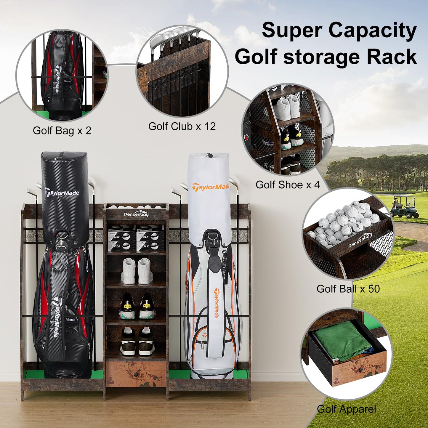 Ponsonbay Golf Bag Storage Organizer for Garage, Premium Wooden 2 Golf Bags Rack with Drawer, Easy Assemble Golf Club Stand/Holder Suitable for Garage Home Simulator and Office (Retro)