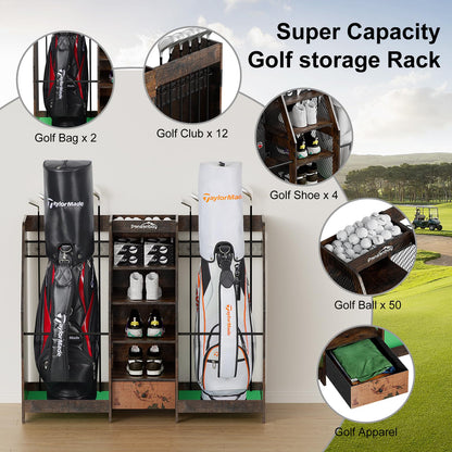 Ponsonbay Golf Bag Storage Organizer for Garage, Premium Wooden 2 Golf Bags Rack with Drawer, Easy Assemble Golf Club Stand/Holder Suitable for Garage Home Simulator and Office (Retro)