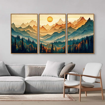 Tinonedraw Large Mountain Framed Canvas Wall Art Set of 3, Boho Nature Forest Wall Decor, Neutral Wooden Pine Trees Artwork, Sunrise Ridge Landscape Art Printing for Living Room Bedroom Office 24"x36"