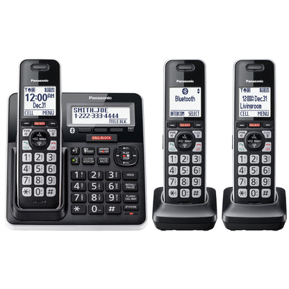 Panasonic Cordless Phone with Advanced Call Block, Link2Cell Bluetooth, One-Ring Scam Alert, and 2-Way Recording, Phone with Answering Machine, 3 Handsets - KX-TGF973B (Black/Silver Trim)