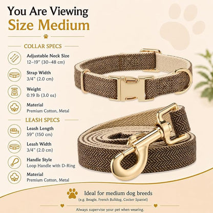 Herringbone Tweed Dog Collar and Leash Set for Medium Dogs, Grey-Brown | Snag-free, no-rub design. Soft breathable cotton, gentle on fur. Adjustable durable matching combo for walks & outdoors.