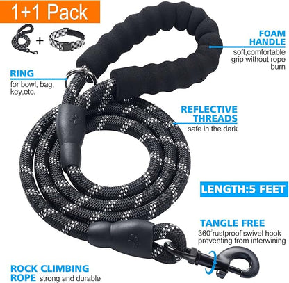 Ladoogo Reflective Dog Collar Padded with Soft Neoprene Breathable Adjustable Nylon Dog Collars for Small Medium Large Dogs (X-Small (Pack of 1), Black Plaid Collar+Leash)