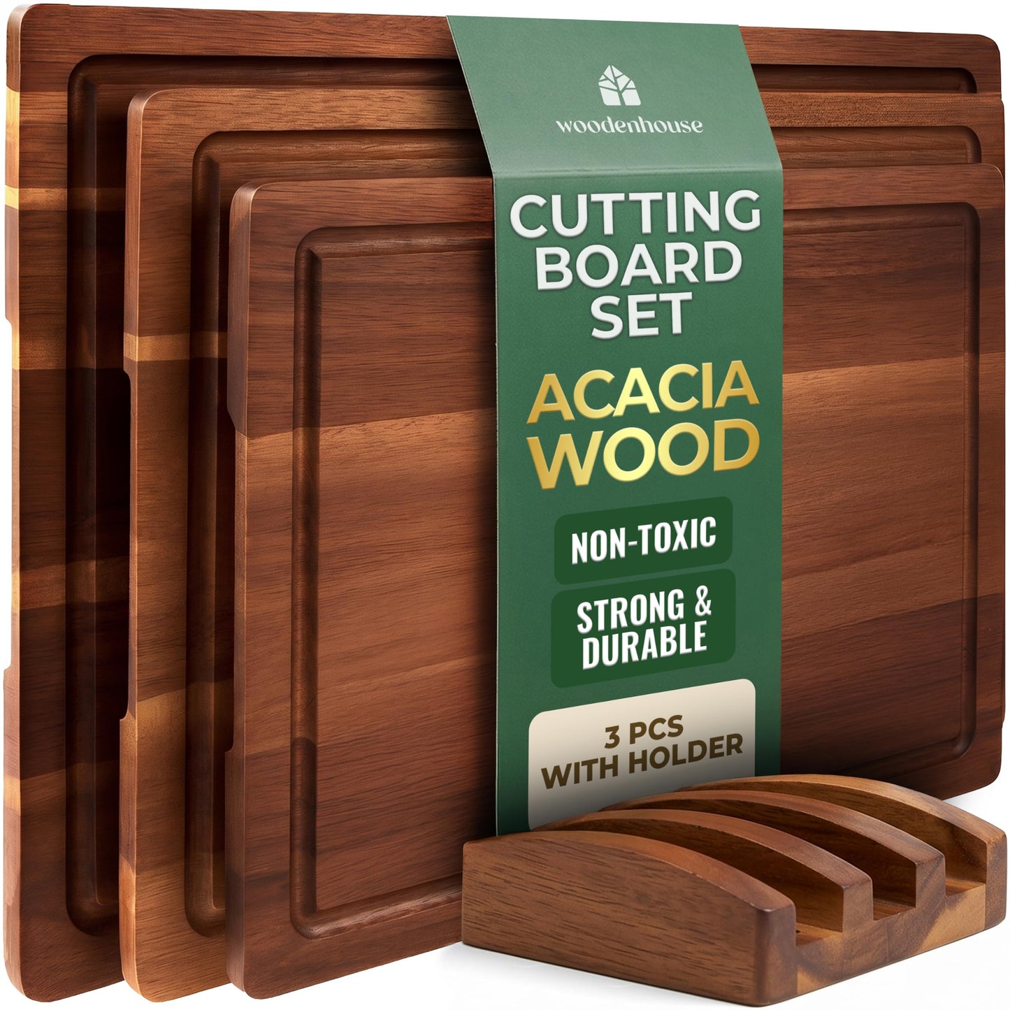 Acacia Wood Cutting Board Set of 3 with Holder, Juice Grooves & Built-in Handles - Durable, Wooden Cutting Boards for Kitchen, Perfect for Chopping, Food Prep and Serving as a Charcuterie