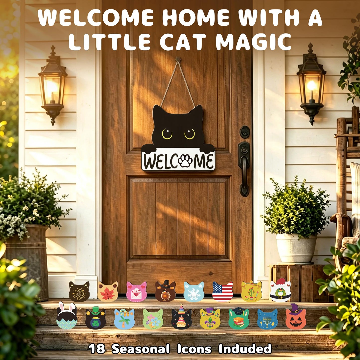 ZenDecor Cute Cat Interchangeable Welcome Home Sign for Front Door, Farmhouse Wooden Door Hanger with 18 Seasonal Icons, Porch, Entryway & Wall Decor, Housewarming Gift