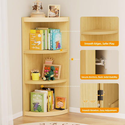 HAVLOTII Wooden Corner Kids Bookshelf, Extendable 3 Tier Montessori Bookcase for Children, Toy Storage Organizer, Space-Saving Book Shelf for Kids Rooms, Classroom, Playroom, Nursery, Daycare