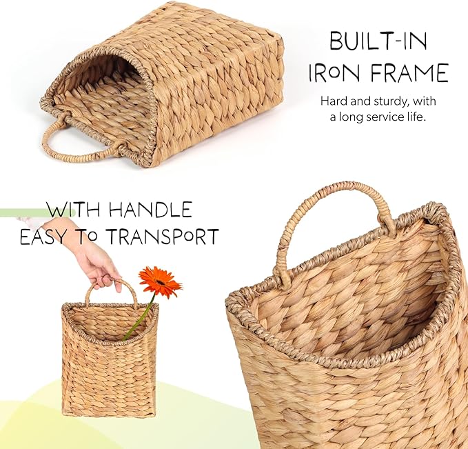 Woven Hanging Water Hyacinth Baskets, Hanging Wall Wicker Basket, Handmade