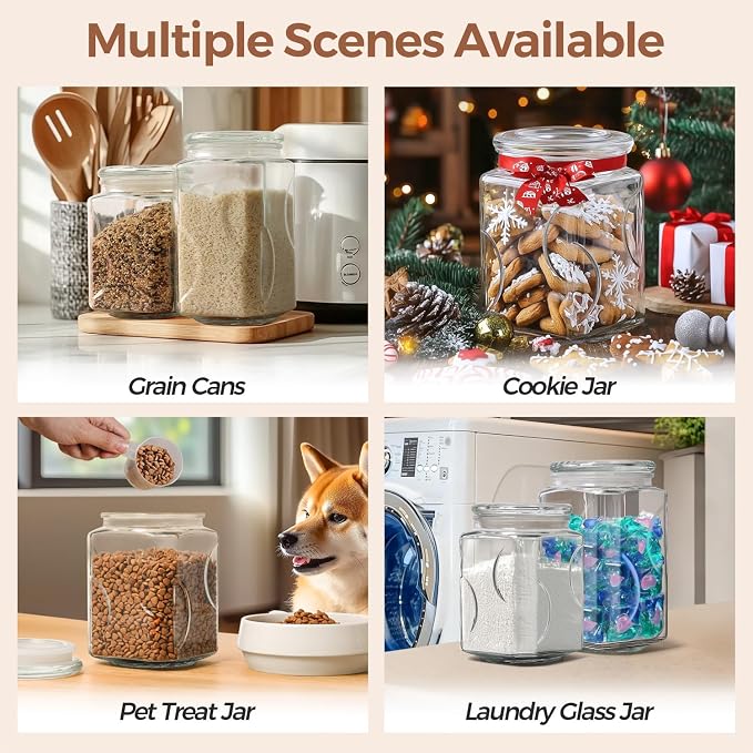 ComSaf 2 qt Glass Flour and Sugar Storage Containers Set of 2, Wide Mouth Half Gallon Square Airtight Pantry Jars with Lids, Thick Glass Kitchen Canisters for Cookies, Coffee, Snacks