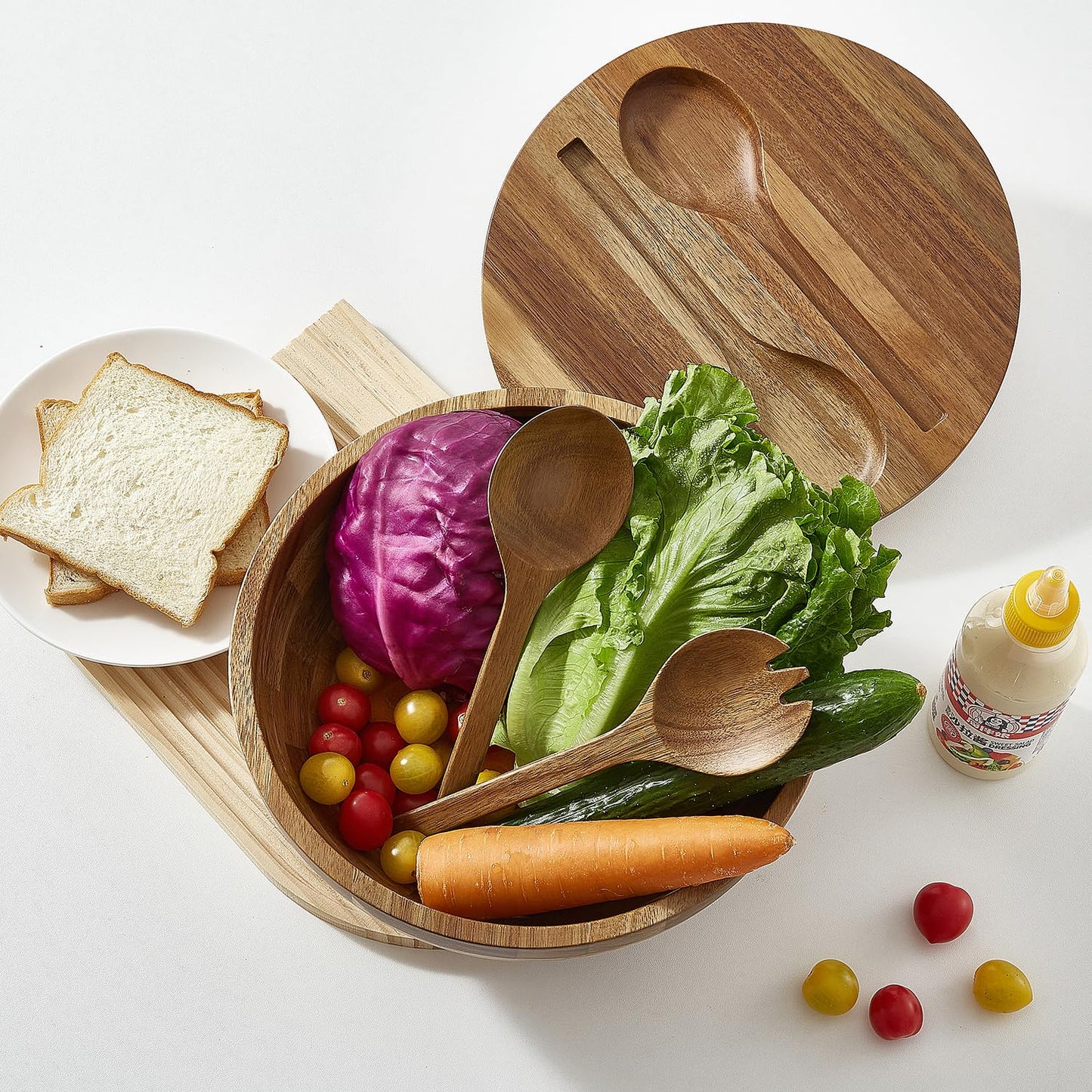 ECWAY Acacia Wooden Salad Bowl with Lid, Built-in Acacia Wood Utensils, 10.5" Large Wood Serving Bowls for Fruits, Salad, and Vegetables, Big Wood Salad Bowls Set 4-Piece, All-in-One Design