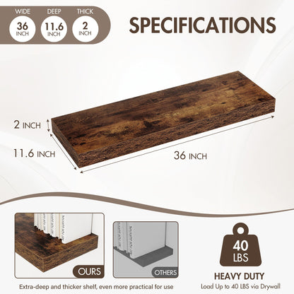 Acovy 36 Inch Floating Shelves, 12" Deep Floating Shelf Wall Mounted, 36" Wall Shelves, Rustic Deep Bookshelf, Extra Deeper & Thicker Display Shelves for Bedroom, Living Room, Brown, Set of 2
