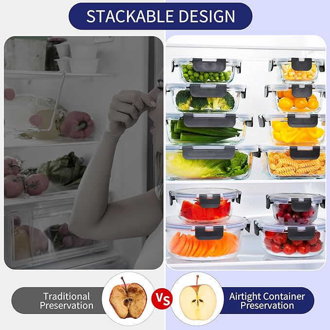 MFY 12-Pack Glass Storage Containers with Lids, Glass Meal Prep Containers Set, Airtight Lunch Containers with Lids, Microwave, Oven, Freezer and Dishwasher Safe, Gray