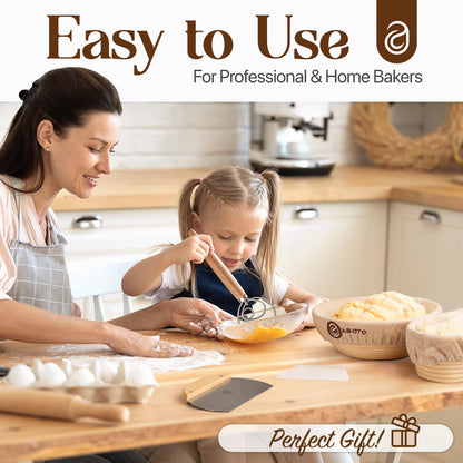 ABIOTO Sourdough Bread Baking Kit - 14-Piece Set with 10" Round & 11" Oval Rattan Banneton Proofing Baskets, Liners, Bread Lame, Danish Whisk & Scrapers for Home Bakers