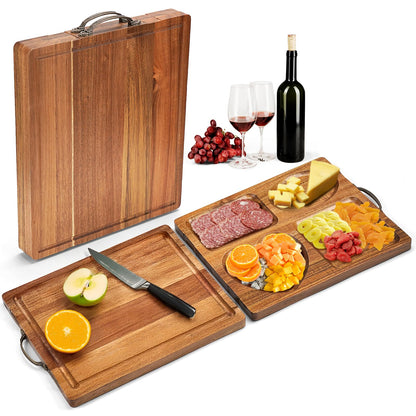 Acacia Wooden Cutting Boards for Kitchen, 2 in 1 Charcuterie Boards and Serving Tray with Compartments, Foldable Wood Cutting Board Camping Parties Housewarming Wedding Gift Serving Platters and Trays