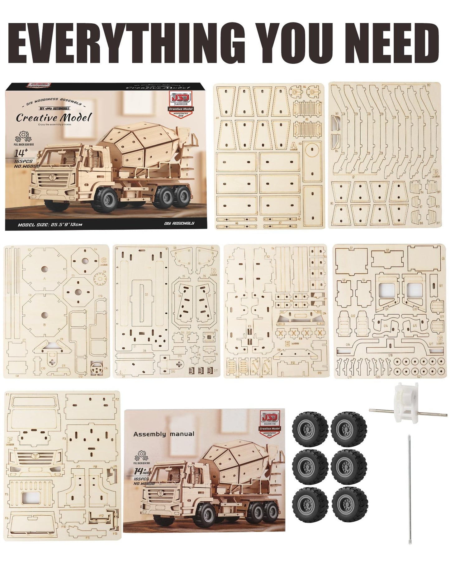 MOCBURIKU 3D Wooden Puzzles Cement Mixer Truck for Adults to Build, 165pcs Wood Craft Model Cars Building Kits with Pull Back 360° Rotatable Mixer Action,Hobby Gifts for Adults Men Teens