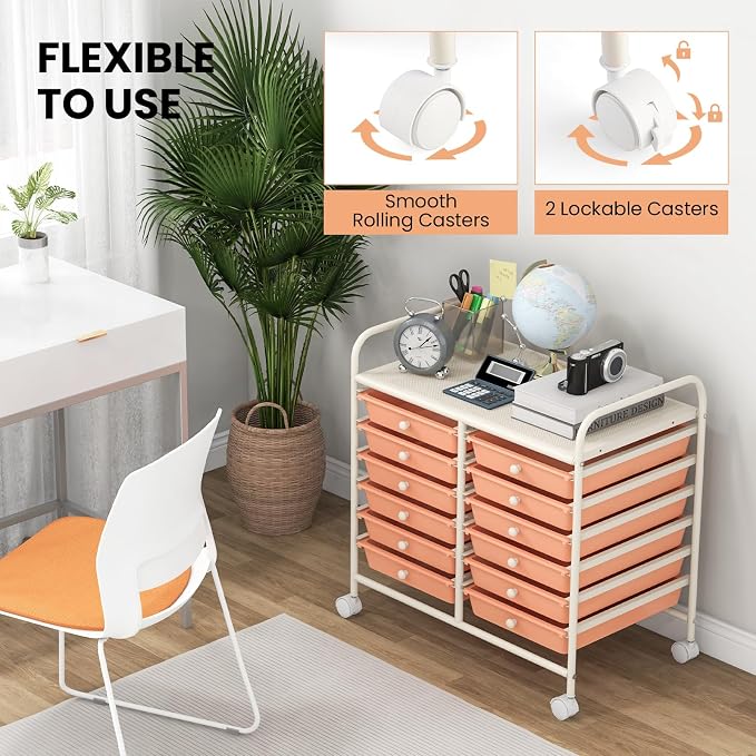 COSTWAY 12-Drawer Rolling Storage Cart, Utility Storage Organizer Cart for Tools, Scrapbook, Paper, Craft, Multipurpose Art Supply Organizer on Wheels for Home Office School, Teacher, Peach