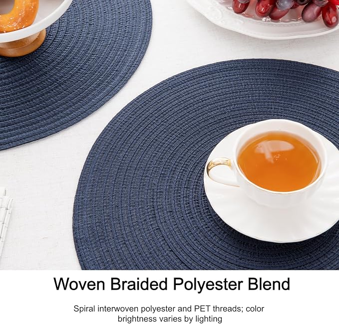 SHACOS 15 inch Round Placemats Set of 12 for Dining Table Braided Circle Place Mats Kitchen Table Placemat Washable Table Mats, Navy Blue