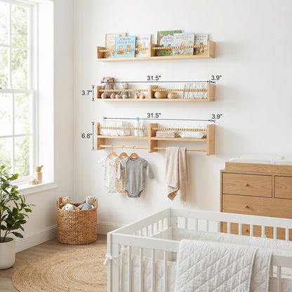Stelzriede Nursery Shelves for Wall – Nursery Book Shelves with Hanging Rod – Set of 3 Wooden Wall-Mounted Shelves, Rounded Edges, Nursery Bookshelf for Kids Room Decor, 31.5" x 3.9" x 3.7"