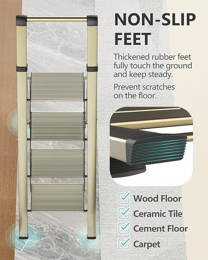 WOA WOA 4 Step Ladder, Ladders for Home, Anti-Slip Pedals, Aluminum Step Stool Foldable, Lightweight to Move, Ease of Storage, Reach 9ft for Closet Kitchen Library, Hold 300lbs - Gold