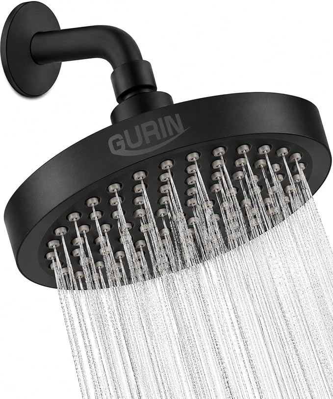 GURIN Shower Head - Powerful High Pressure Rain Shower Head 6 Inch - Luxury Rainfall Showerhead with Adjustable Angles, 90 Anti-Clog Nozzles, Tool-Free 1-Min Install, Premium Matte Black Finish