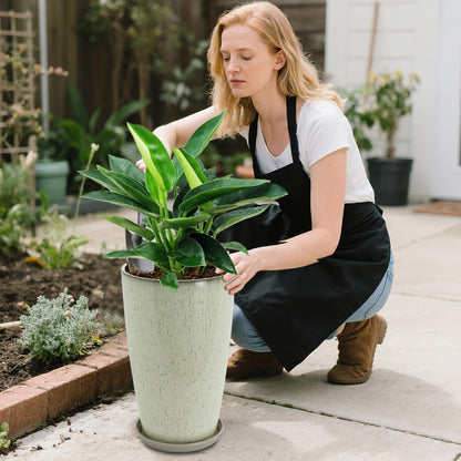 Neoaider 24/21/12 Inch Large Plastic Planter, Lightweight Ceramic-Look Tall Planters with Drain Hole & Saucers, Tall Plastic Planters for Porch, Garden, Patio, Balcony(Drip Glaze)