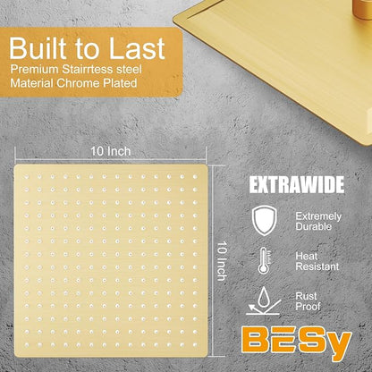 BESy 10 Inch Rain Shower Head, 10" Square Rainfall & High Pressure Stainless Steel Bath Showerhead, 1/16" Ultra Thin, Waterfall Full Body Coverage with Silicone Nozzle, Brushed Gold