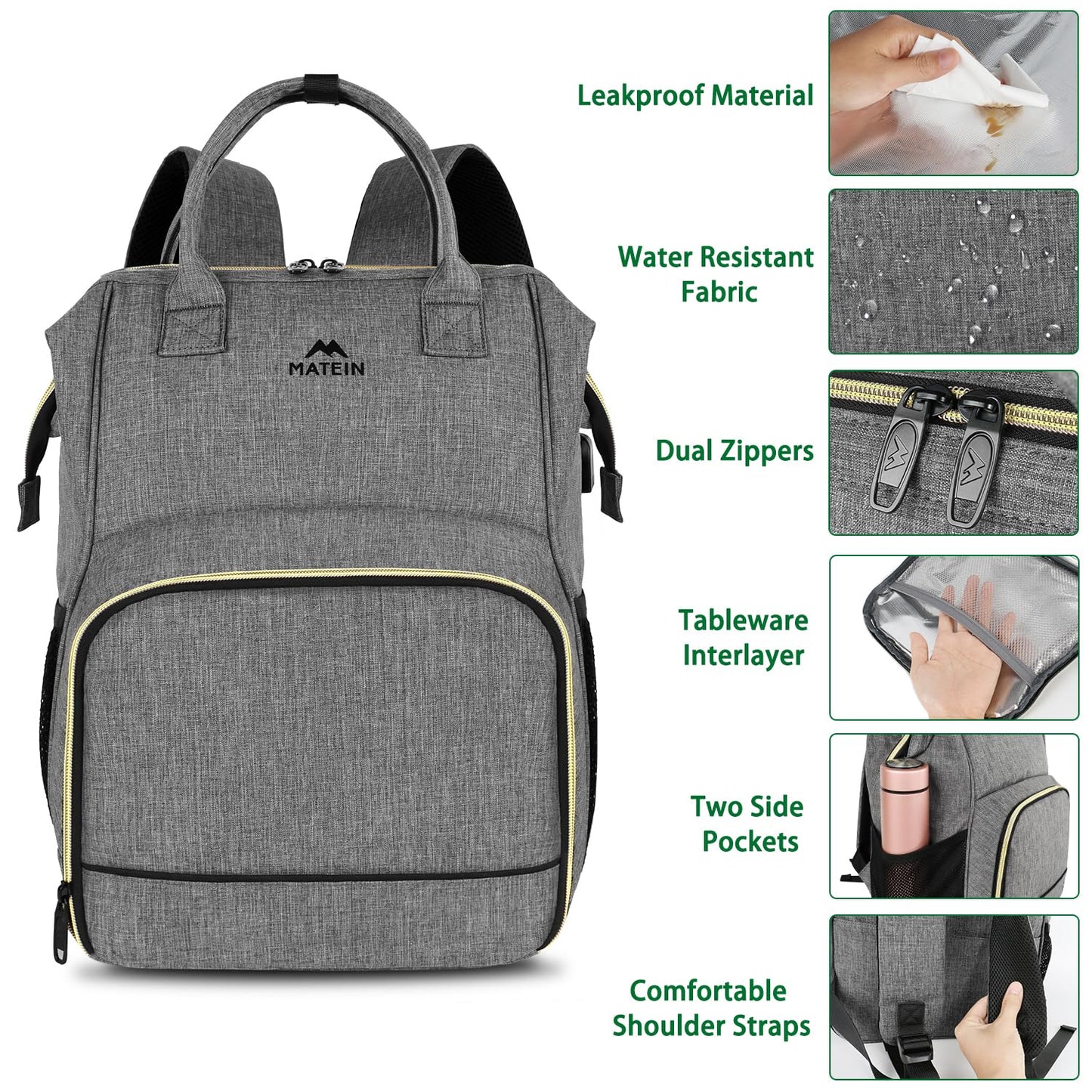 MATEIN Lunch Backpack, 15.6 Inch Insulated Cooler Bag with USB Port for Women Men, Water-Resistant Leak Proof Laptop Backpack Lunch Box Bag for Nurse Teacher Work Office Commute Travel Picnic, Grey