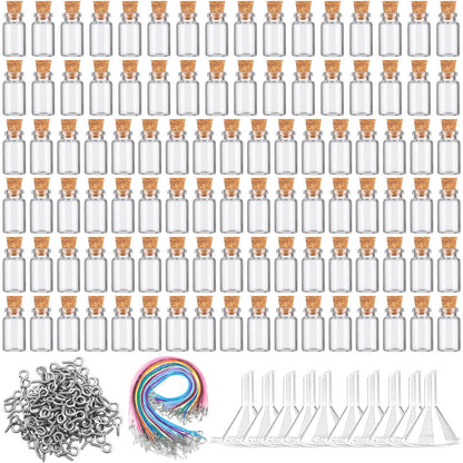 Mimorou 100 Pcs Mini Glass Bottles with Cork Stoppers 2 ml Clear Small Jars 0.07oz Glass Vials Sets DIY Decorative Wish Bottles, Including 100 Eye Screws 100 Ropes 10 Funnels