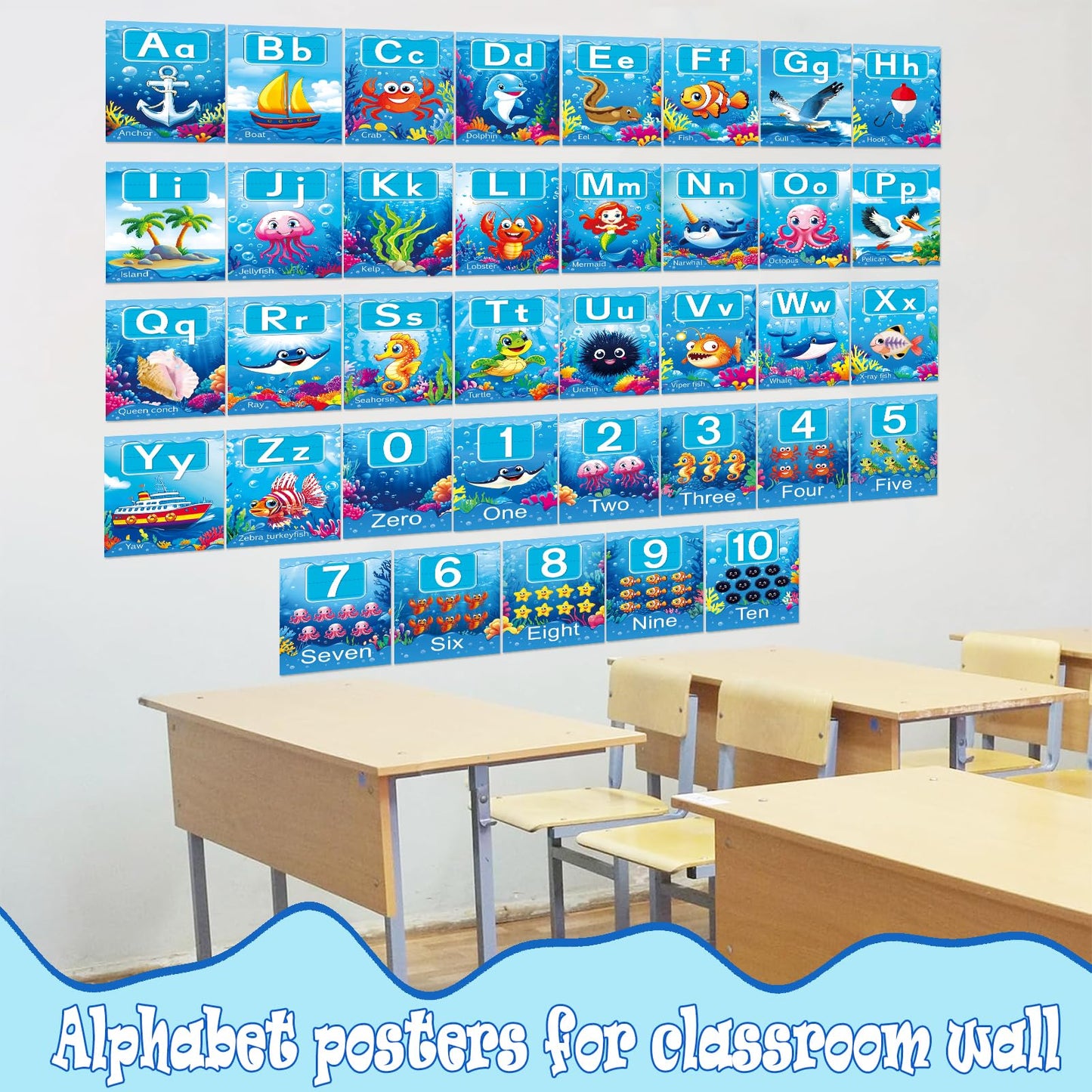 Adduster 37 Piece Alphanumeric Bulletin Board Set Submarine Alphanumeric 0-10 Card Cutout Marine Life Educational Poster for Classroom Walls Preschool Kindergarten Teacher