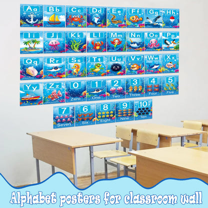 Adduster 37 Piece Alphanumeric Bulletin Board Set Submarine Alphanumeric 0-10 Card Cutout Marine Life Educational Poster for Classroom Walls Preschool Kindergarten Teacher