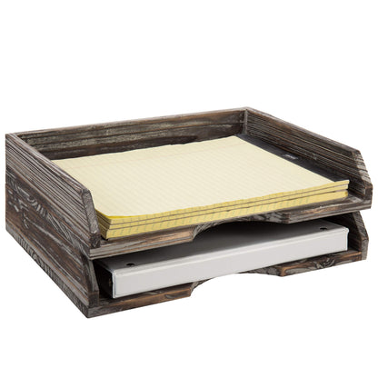 MyGift Set of 2 Torched Wood Stacking Desk Paper Tray, Office Desktop Stackable Document File Folder and Mail Holder Organizer Tray