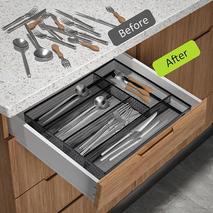 Neudeco Silverware Drawer Organizer, Black | 5 Compartment, Mesh Wire, Non-Slip Feet, Cutlery Tray
