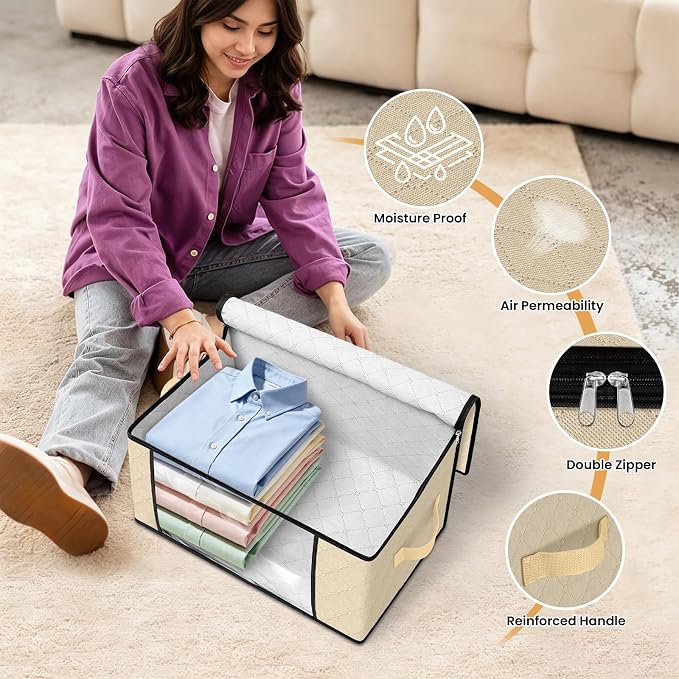 Fab totes 35L Closet Organizers and Storage, Foldable Under Bed Storage Containers, Storage bags for Organizing Bedroom, Closet, Clothing,Organization with Handle (8 Pack,Beige)