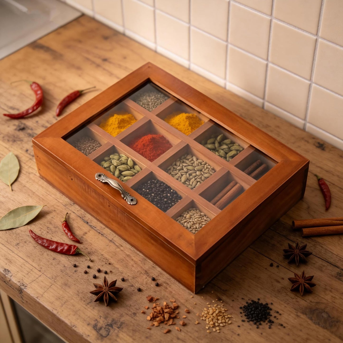 Hunmor Wooden Spice Box 10x7.5 Inch, Indian Spice Box, Masala Dabba Spice Box for Kitchen,Decorative Indian Organizer with Lid,12 Compartments Spice Storage Container,Ideal for Seasonings & Herbs