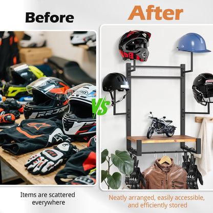 TheElves Motorcycle Helmet Holder Wall Mount, Heavy-Duty Helmet Rack with 4 Helmet Holder & 4 Glove Clips & 4 Hooks, Rustic Wooden Motorcycle Gear Storage Organizer for Helmets, Jackets, Accessories