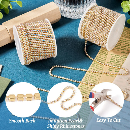 Fashewelry 10 Yards Pearl Rhinestone Chain Trim 2mm Golden Rhinestone Close Chain Tiny Rhinestones Banding for Sewing Crafts Shoes Clothes Nail Art Jewelry Making