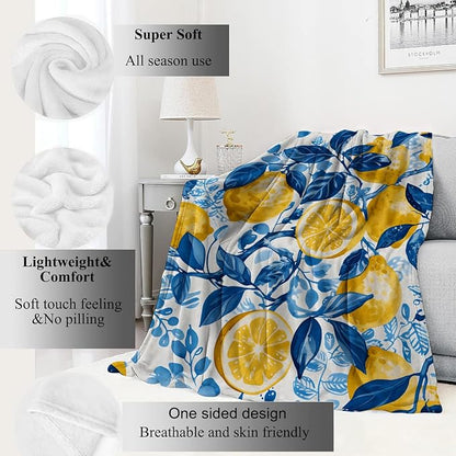 Lemon Blanket Fresh Citrus Fruit Throw Blankets with Blue Leaves,Birthday Gifts for Girls Boys Women & Food Lovers,Lightweight Soft Fleece,for Sofa Couch Bed Room Summer Decor 40x50in