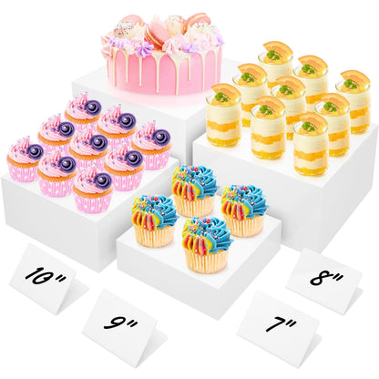 10” Large Buffet Risers with Mini Signs, Table Risers, Buffet Risers and Stands, Acrylic Cube Display Box Riser for Catering Party Buffet Table Food Display, Dessert, Cakes - White, Set of 4 Boxes