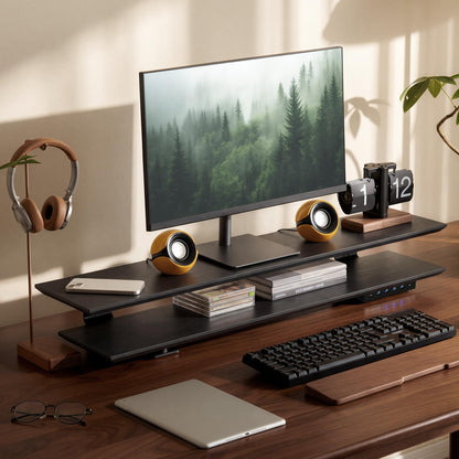 Furnny 2-Tier Dual Monitor Riser with 6-Port Hub – 39.4" Extra Wide Solid Wood Plywood Desk Stand for Dual Monitors, 30w Fast Charging USB C/A Ports, Heavy Duty Desk Organizer, Black Wood Grain Finish
