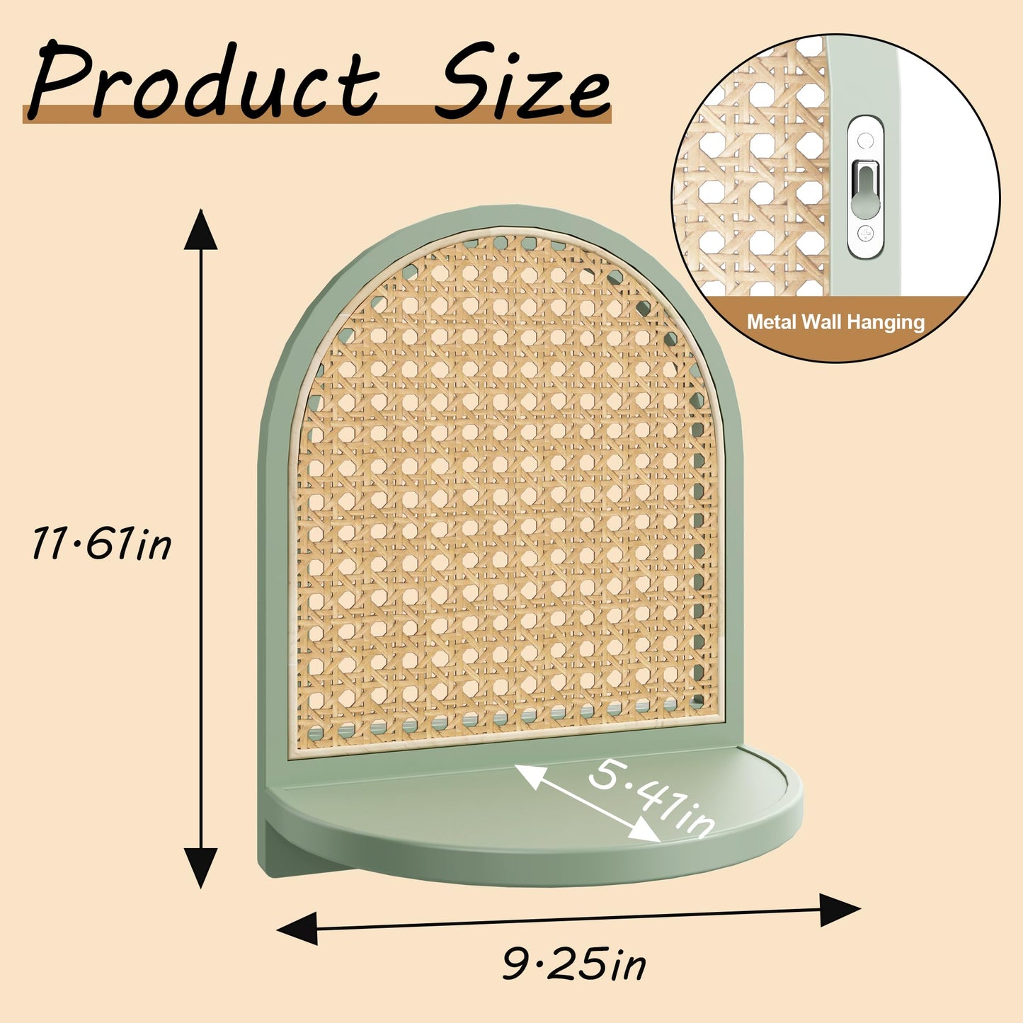 MVPSONAG Rattan Shelf Set of 2, 7'' Rattan Shelf with Wicker Decor, Boho Wall Decor Small Floating Shelf for Plant Figurines Display, Mini Shelves for Knick Knack Storage, Green