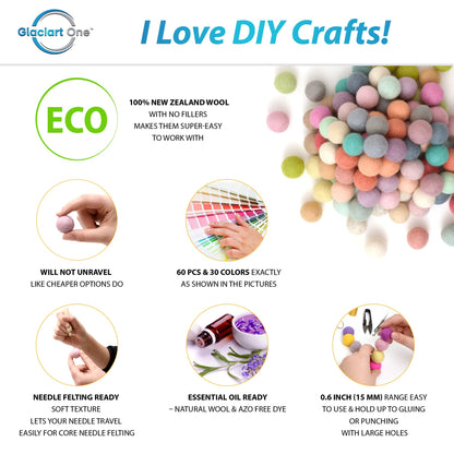 Glaciart One Felt Pom Poms, Wool Felt Balls (60 Pieces) 1.5 cm – 0.6 Inch, Handmade Felted 30 Pastel Colors (Green, Pink, Blue, Yellow and More) Bulk Small Puff for Felting and Garland