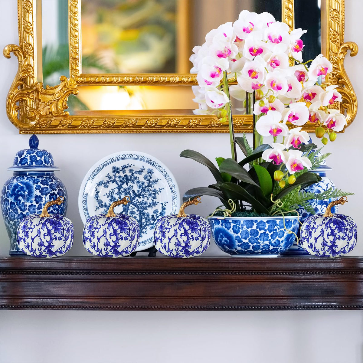 Winlyn 4 Pcs Faux Decorative Blue and White Fabric Pumpkins Chinoiserie Chic Pumpkins Foam Pumpkins for Gifts Farmhouse Thanksgiving Halloween Fall Wedding Table Centerpiece Mantel Bowl Decorations
