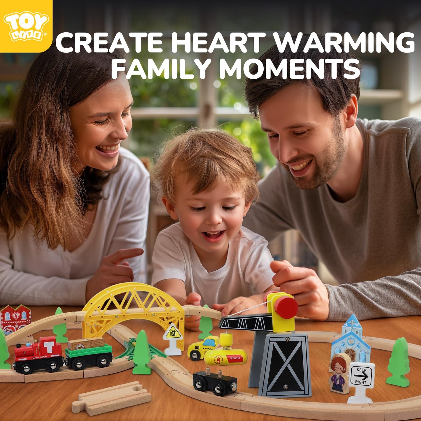 TOY Life Wooden Train Set 60pcs with Magnetic Crane, Wooden Train Tracks Toys for Toddlers Boys Girls 3 4 5, 3 Year Old Boy Gift, Wood Toys Toddler Train for Kids 4-8 - Fits Thomas Brio Chuggington