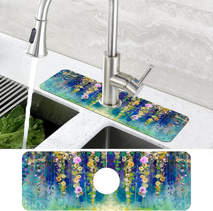 Abstract Watercolor Floral Kitchen Sink Splash Guard Mat Absorbent Fast Drying