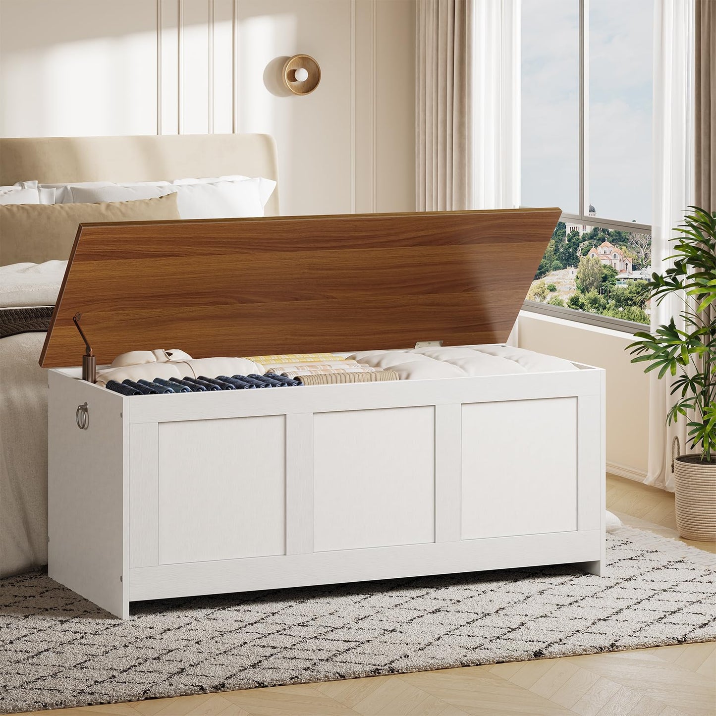 HOOBRO Storage Bench, 43.3" Retro Wooden Storage Chest, Wooden Storage Trunk, Toy Chest with Lift Top, Multifunctional Entryway Organizer, for Entryway, Living Room, White and Walnut WH411CW01