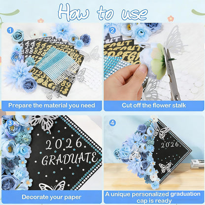 69 Pcs Graduation Cap Decorations Kits, Grad Cap Topper Decorations Included Faux Flowers 3D Butterfly Bow Rhinestones Alphabet Letter Stickers for Graduation Cap Topper DIY Craft Art Decor (Blue)